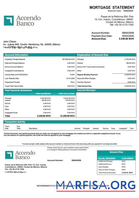Realistic Mexico Accendo Banco mortgage statement Word and PDF template